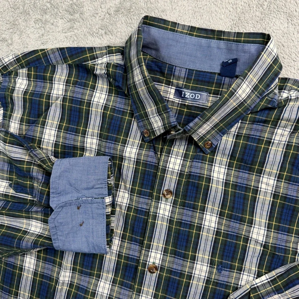 IZOD Mens XL Plaid Button Down Shirt Navy Blue Green White Long Sleeve Cotton